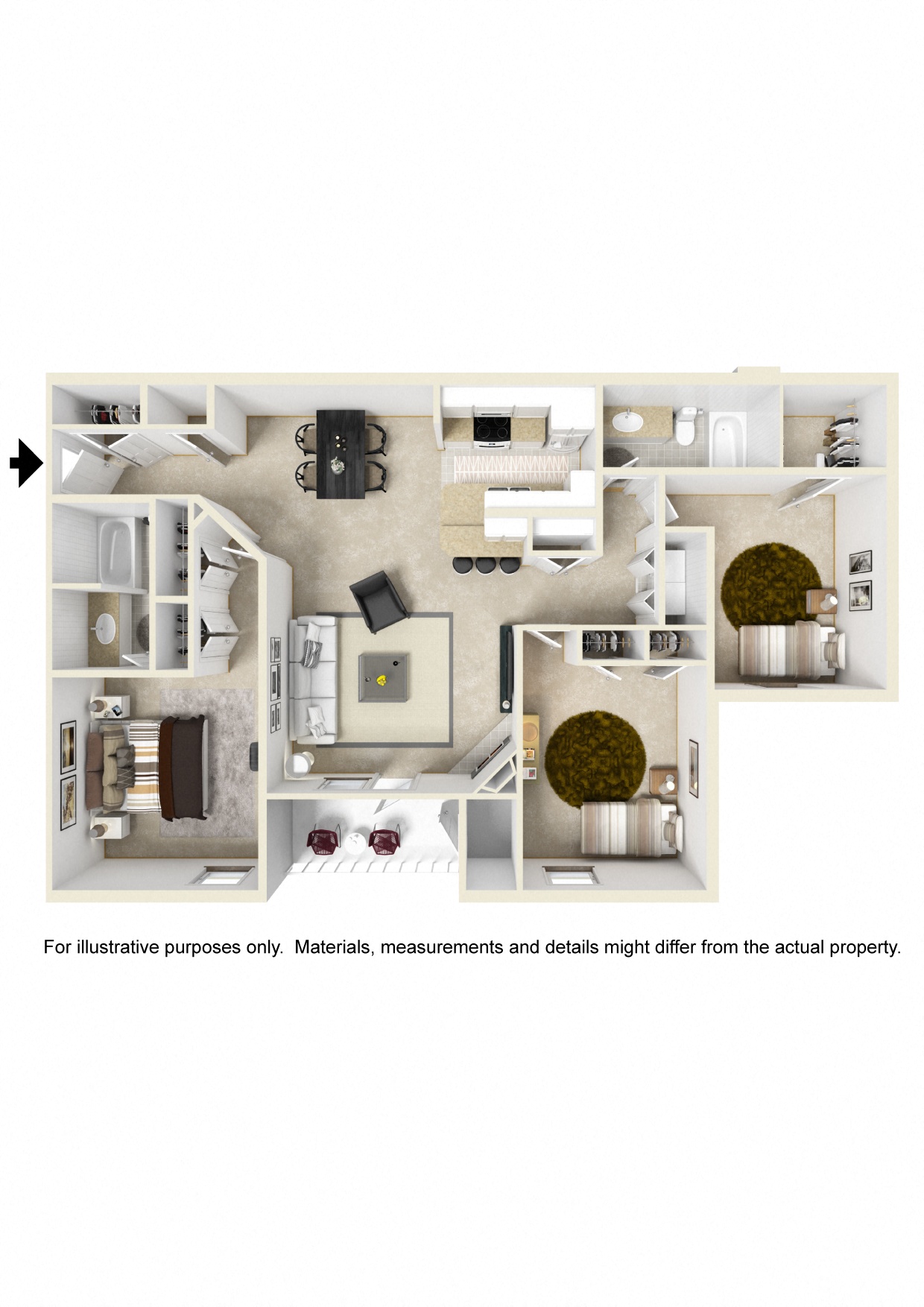 Floor plan for 3 beds, 2 baths, 1490 sqft